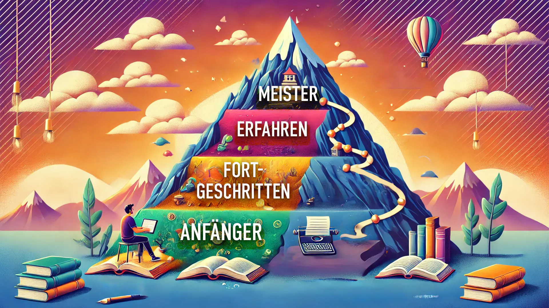 Illustration: ein Berg mit den Stufen Anfänger, Fortgeschritten, Erfahren und Meister